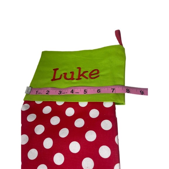 NWOT RED AND WHITE POKA DOT CHRISTMAS STOCKING WITH THE NAME “LUKE”EMBROIDERED - Picture 2 of 3